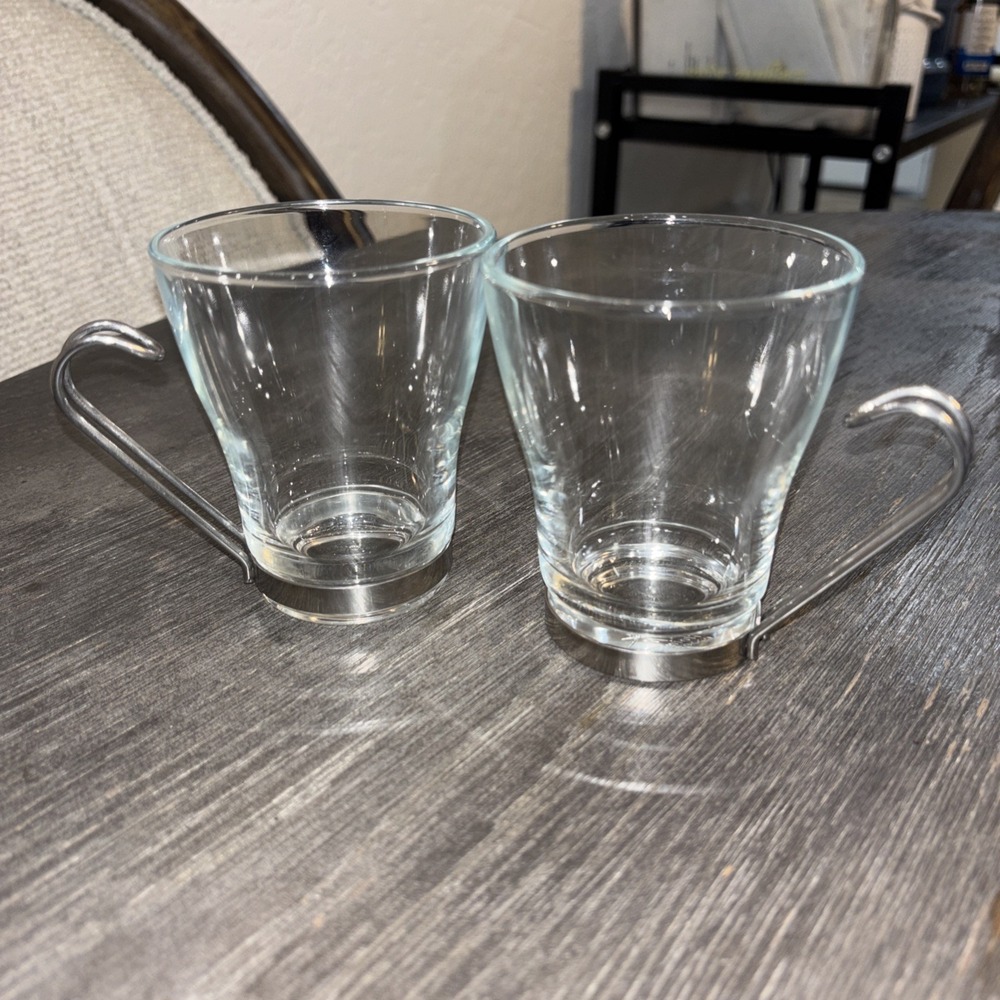Bormioli Rocco Glass Espresso Coffee Tea Cup Stainless Steel‎ Handle Set of 2